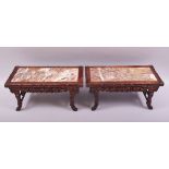 A SUPERB PAIR OF CHINESE CARVED WOOD AND MARBLE INSET RECTANGULAR STANDS, the frieze beautifully
