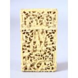 A GOOD CHINESE CANTON CARVED IVORY CARD CASE, carved with figures in a busy landscape, 9.5cm x 5.