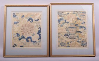 TWO 19TH CENTURY CHINESE FRAMED EMBROIDERED PANELS, one embroidered with a flower head, the other