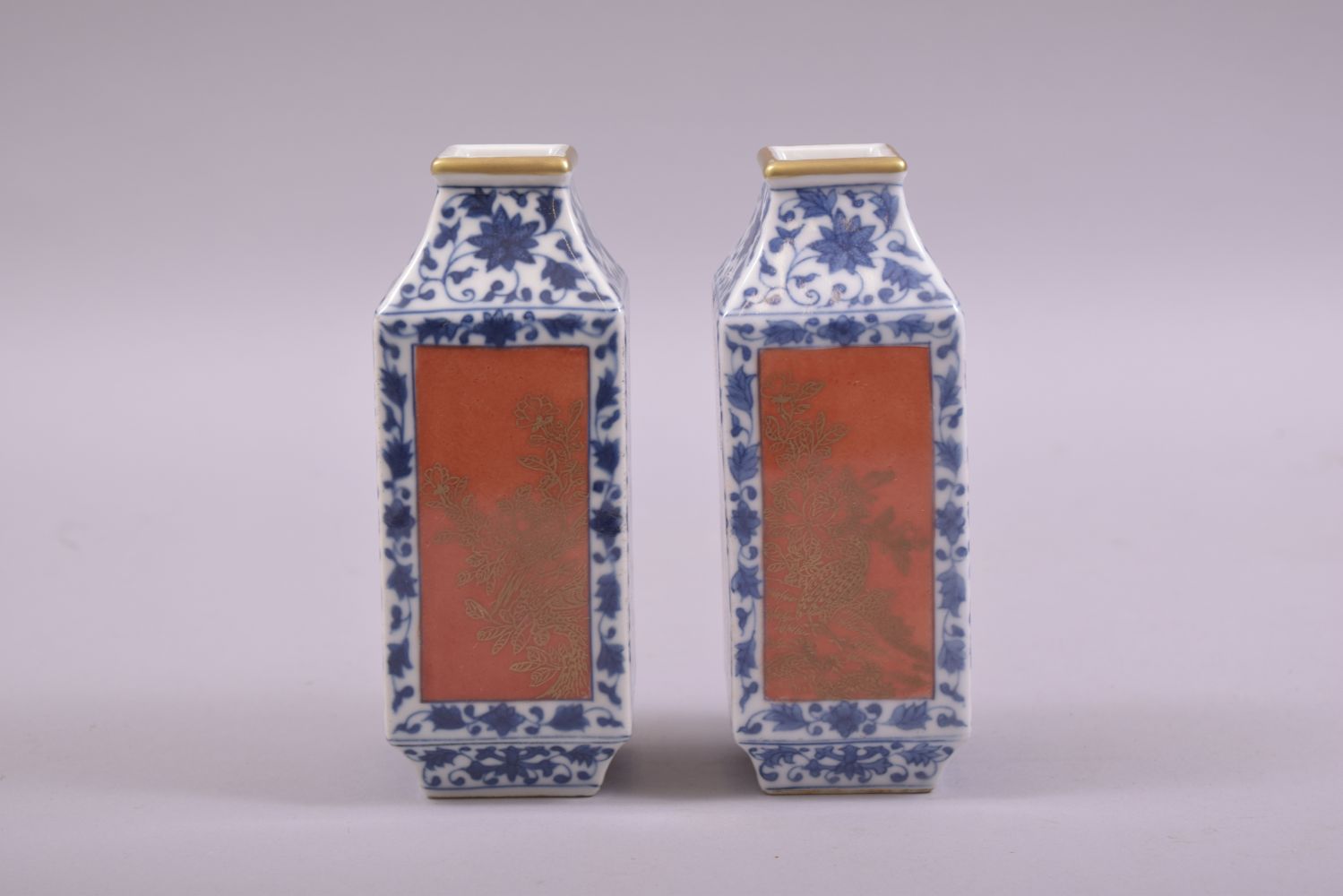 A PAIR OF SMALL CHINESE BLUE, WHITE AND CORAL RED SQUARE FORM VASES, each side with a panel of - Image 3 of 6