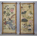A LARGE PAIR OF 20TH CENTURY CHINESE PAINTINGS OF BIRDS and native flora, both within a bamboo frame