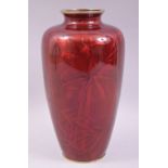A JAPANESE GINBARI CLOISONNE VASE, possibly Ando, the foil with transparent red enamel overlay