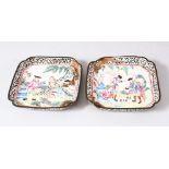 A PAIR OF CHINESE CANTON ENAMELLED DISHES, painted with European figures in outdoor settings, 10cm