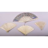 FOUR 19TH CENTURY CHINESE CANTON CARVED IVORY FANS, one painted with multiple figures with ivory