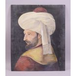 A TURKISH OTTOMAN HEAD AND SHOULDERS PORTRAIT OF A SULTAN, oil on board, unframed, 51cm x 41cm.