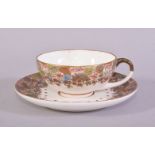 A SMALL JAPANESE KINKOZAN SATSUMA CUP AND SAUCER, finely decorated with bands of flowers, small