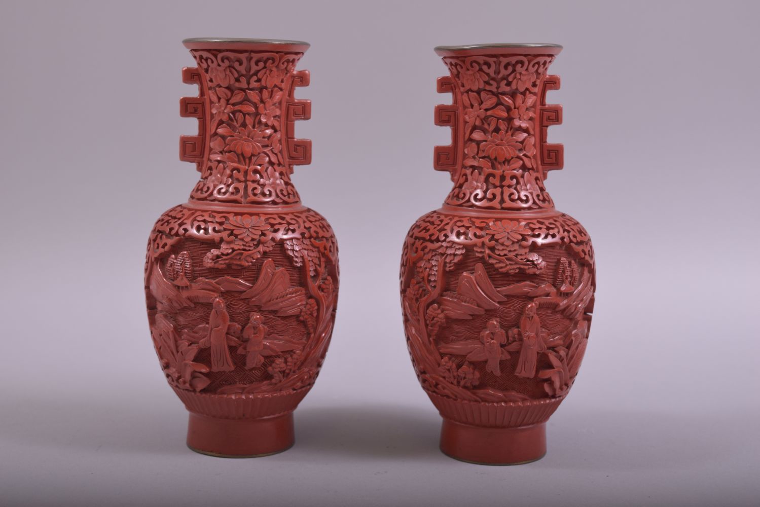 A SMALL PAIR OF CHINESE CINNABAR LACQUER TWIN HANDLE VASES, each with two panels depicting figures - Image 3 of 6