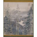 A CHINESE SCROLL PAINTING A PINE FOREST with a mountainous lake in the distance, calligraphy and
