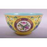 A GOOD CHINESE FAMILLE JAUNE PORCELAIN BOWL, the exterior decorated with dragons and flowers with