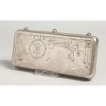 AN ENGRAVED RUSSIAN SILVER PURSE with chain and grey interior, dated 19.8 / II 33. Mark 84. RP.