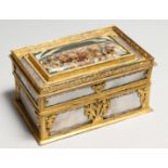 A SUPERB PALAIS ROYALE GILT METAL AND MOTHER OF PEARL VANITY BOX, the top with dried flowers opening