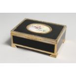 A GOOD GILT JEWELLERY BOX the lid inset with an oval of young lovers. Signed T GREUZE.