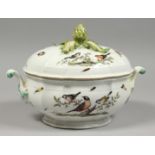 A GOOD MEISSEN OVAL TWO HANDLED TUREEN AND COVER painted with birch and insects. Cross swords mark