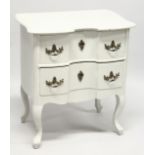 A CONTINENTAL MAHOGANY TWO DRAWER SERPENTINE FRONTED CHEST on cabriole legs, later painted. 2ft 3ins