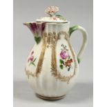A GOOD MEISSEN RIBBED JUG AND COVER painted with flowers. Cross swords mark in blue 5.5ins high.