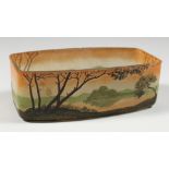 A LEGROS CAMEO GLASS RECTANGULAR BOWL with a lake scene and trees, signed. 7.5ins long.