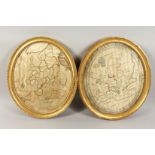 A RARE PAIR OF GEORGE III SILKWORK MAPS OF GREAT BRIATAIN AND EUROPE and beyond, in an oval gilt