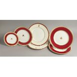 SIX MINTON PLATES, two made for a Middle Eastern Royal Family, puce Minton, England,mark, pre 1921