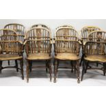 EIGHT 19TH CENTURY ASH, BEECH AND ELM LOW BACK WINDSOR ARMCHAIRS.