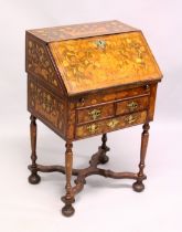 A WILLIAM AND MARY DESIGN WALNUT AND FLORAL MARQUETRY SMALL BUREAU ON STAND, the fall flap enclosing