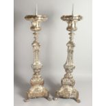 A GOOD PAIR OF SILVER PLATED CANDLESTICKS. 30ins high.