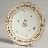 AN 18TH CENTURY CLIGNANCOURT PARIS, PORCELAIN PLATE, the centre with floral monogram B W, within a
