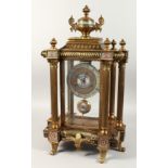 A GOOD LOUIS XVITH DESIGN GLASS METAL AND CLOISONNE CLOCK, with urn finial and six column supports.