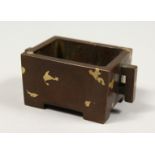 A SMALL RECTANGULAR BRONZE GOLD SPLASH CENSER with handles, impressed mark.