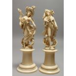 A SUPERB PAIR OF 19TH CENTURY EUROPEAN CARVED IVORY FIGURES on circular pedestals of a DANDY and a