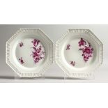 A PAIR OF 19TH CENTURY BERLIN PLATES painted with flowers, in pink with pierced octagonal borders.