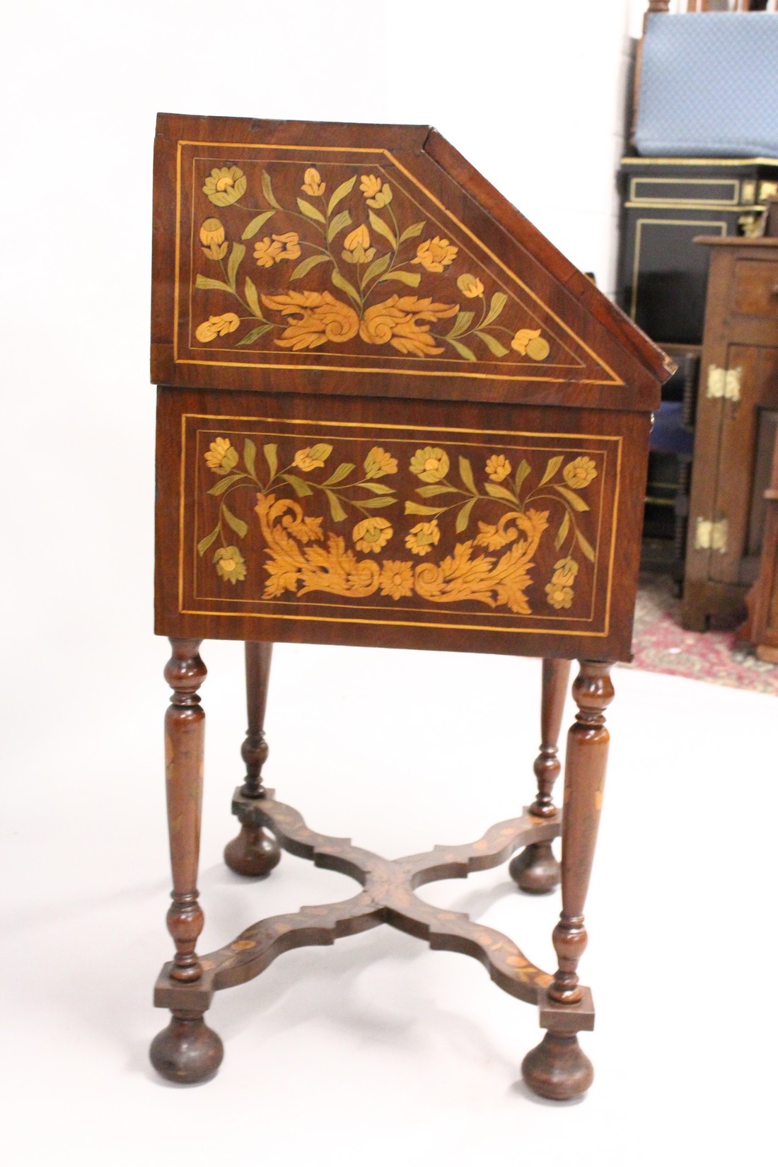 A WILLIAM AND MARY DESIGN WALNUT AND FLORAL MARQUETRY SMALL BUREAU ON STAND, the fall flap enclosing - Image 2 of 4