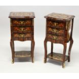 A PAIR OF FRENCH STYLE INLAID THREE DRAWER BEDSIDE TABLES on curving legs. 2ft 6ins high.