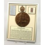 A FRAMED AND GLAZED WW1 BRONZE MEMORIAL DEATH PLAQUE or "Dead Man's Penny" 14021. Private Benjamin
