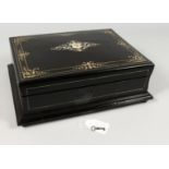A VERY GOOD VICTORIAN IVORY INLAID EBONY GAMES BOX, with playing cards and counters.