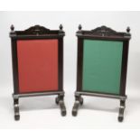 A GOOD PAIR OF VICTORIAN FIRE SCREENS with side sliding panels. 3ft 9ins high.