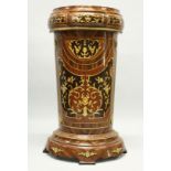 AN INLAID DEMI LUNE PEDESTAL with single drawer 3ft 7ins high.