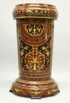 AN INLAID DEMI LUNE PEDESTAL with single drawer 3ft 7ins high.