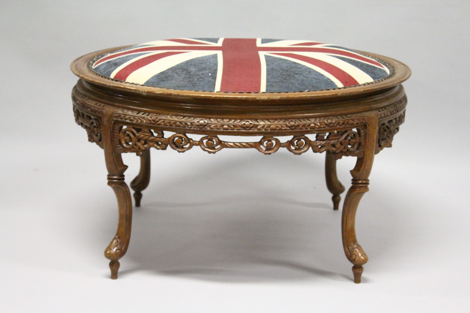 A CIRCULAR STOOL with union jack top. 2ft 9ins diameter. - Image 2 of 3