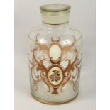 A RARE VICTORIAN LARGE GLASS SWEET JAR AND COVER painted with scrolls and flowers.