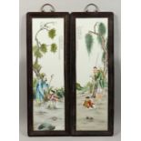 A PAIR OF FRAMED CHINESE PORCELAIN LONG TILES, 28ins x 80ins