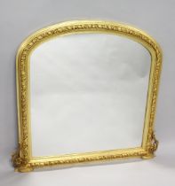 A GOOD DOME TOP OVERMANTLE GILT MIRROR. 4ft high x 3ft 9ins wide.