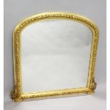 A GOOD DOME TOP OVERMANTLE GILT MIRROR. 4ft high x 3ft 9ins wide.