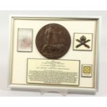 A FRAMED AND GLAZED WW1 BRONZE MEMORIAL DEATH PLAQUE or "Dead Man's Penny" 36539. Private Edward