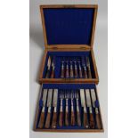 A SET OF SILVER VICTORIAN AGATE HANDLE KNIVES AND FORKS by George Unite, London 1860.
