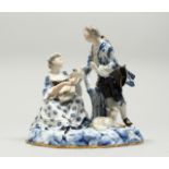 A GOOD MEISSEN PORCELAIN GROUP OF YOUNG LOVERS, a man has a lamb at his feet, a seated lady