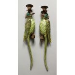 A GOOD PAIR OF PORCELAIN PARROT WALL SCONCES.