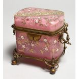 A GOOD 19TH CENTURY MOSER GLASS AND GILT METAL CASKET enamelled with flowers. 4ins wide.