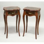 A PAIR OF FRENCH STYLE BEDSIDE TABLES with single drawer on curving legs. 2ft 6ins high.