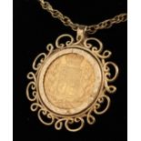 A VICTORIAN YOUNG HEAD SHIELD BACK FULL SOVEREIGN, 1845, in a mount on a chain.