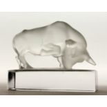 A LALIQUE FROSTED GLASS BULL, Lalique, France. 4ins long.